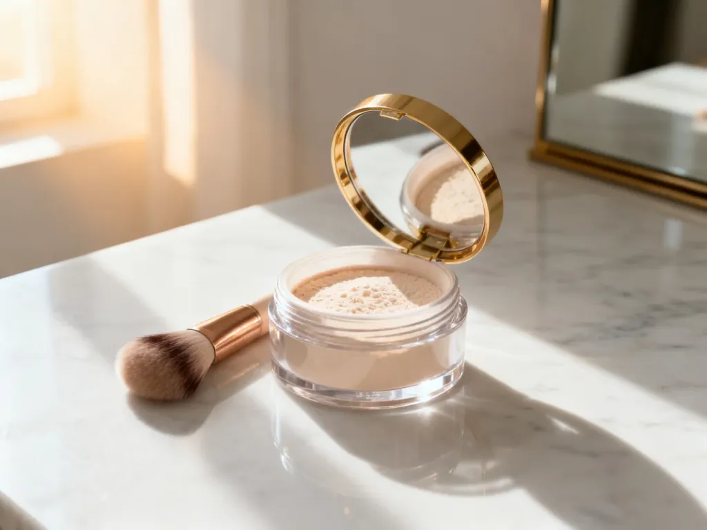 Elegancki słoiczek pudru transparentnego z pędzlem na marmurowym blacie w słonecznym świetle.