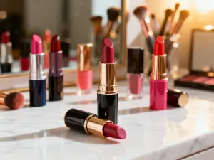 Elegancka tubka pomadki Aquaphor na marmurowym blacie w otoczeniu kropel wody, podkreślająca profesjonalną pielęgnację ust.