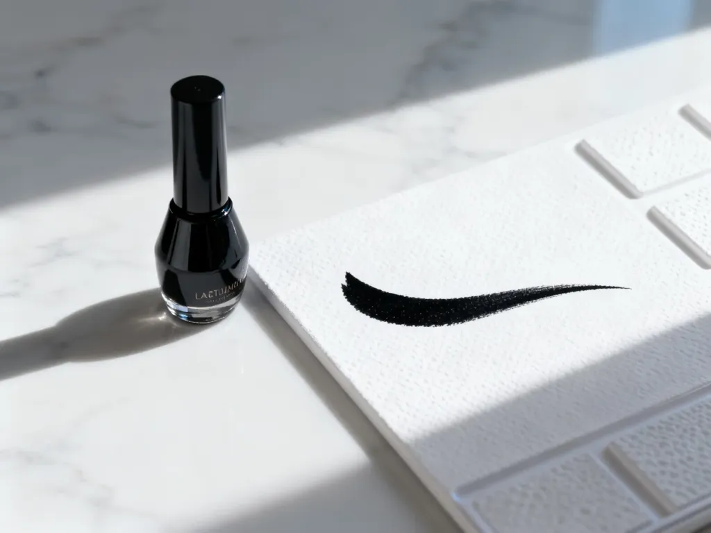 Elegancki eyeliner w płynie na marmurowym blacie obok precyzyjnej kreski typu cat-eye wykonanej na palecie do makijażu.
