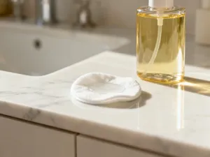 Elegancko ułożone korektory do twarzy na marmurowym blacie z widoczną kremową teksturą produktu.