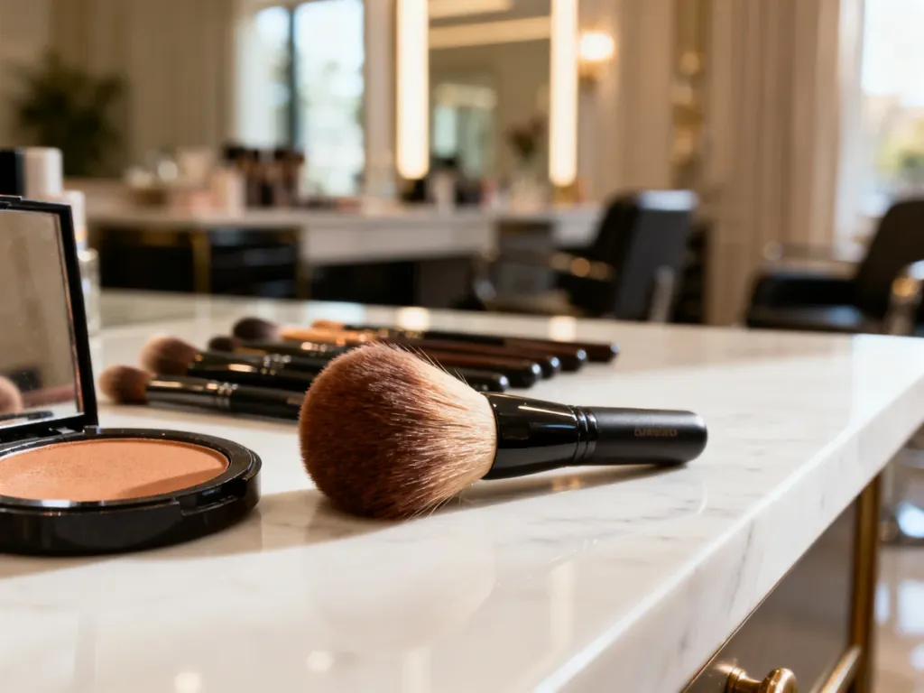 Puszysty, ścięty pędzel do bronzera oraz puder brązujący na marmurowym blacie w eleganckim salonie kosmetycznym.