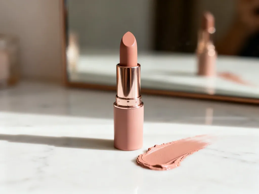 Elegancka matowa pomadka w odcieniu beżowego różu na marmurowym blacie z widoczną próbką koloru.