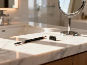 Eyeliner w płynie z pędzelkiem oraz eyeliner w pisaku leżące obok siebie na toaletce, gotowe do wykonania makijażu oczu.
