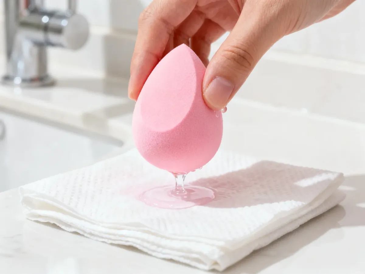 Wilgotny beauty blender odsączany na papierowym ręczniku