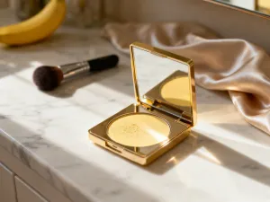 Otwarty słoiczek bazy pod cienie o kremowej konsystencji obok eleganckiego opakowania kosmetyku na toaletce.