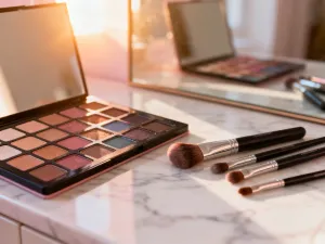 Elegancka buteleczka podkładu na marmurowym blacie z widoczną próbką produktu, podkreślającą jego gładką konsystencję.