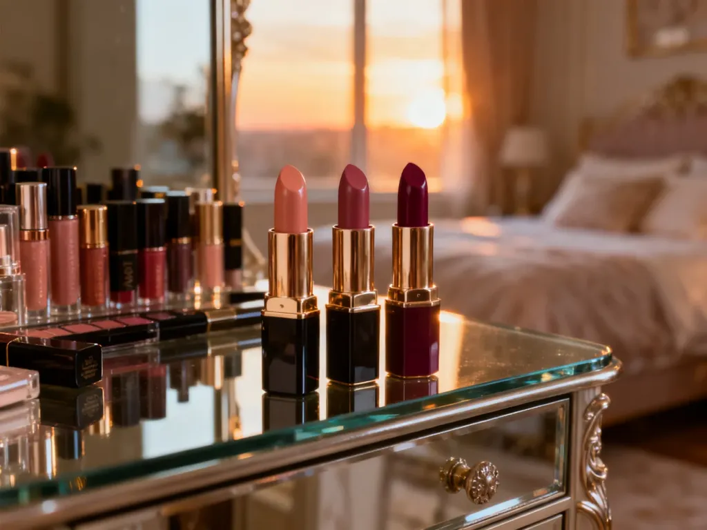 Elegancka kolekcja pomadek Kylie w odcieniach nude, różu i jagody na toaletce w luksusowej sypialni.