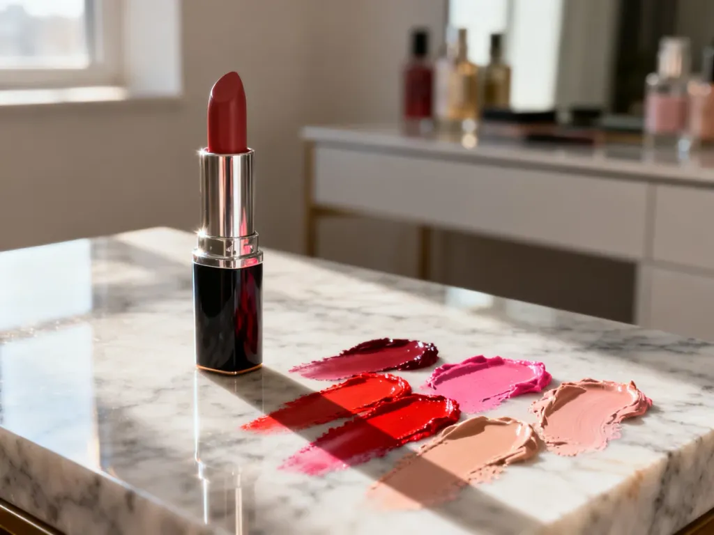 Elegancka pomadka AA Wings of Color na marmurowym blacie obok artystycznych próbek kolorów w odcieniach czerwieni, różu i nude.