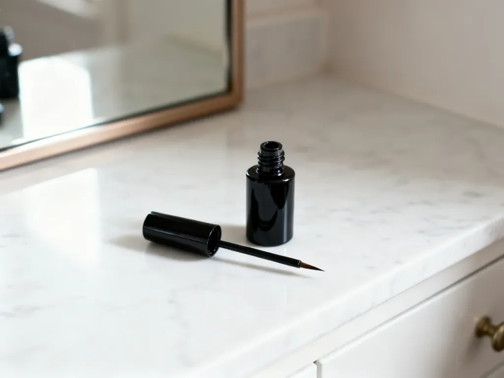 Czarny eyeliner w płynie z precyzyjnym pędzelkiem na marmurowym blacie, gotowy do wykonania idealnej kreski.