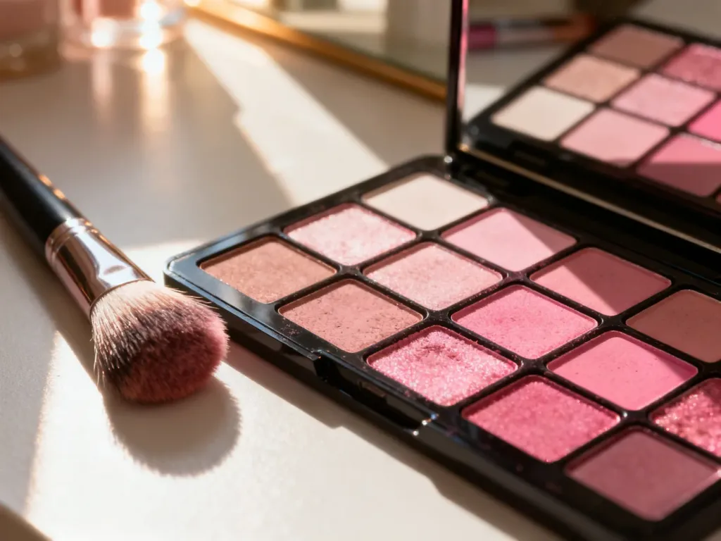 Paleta profesjonalnych cieni do powiek w odcieniach różu oraz pędzle do makijażu na jasnym, słonecznym toaletce.