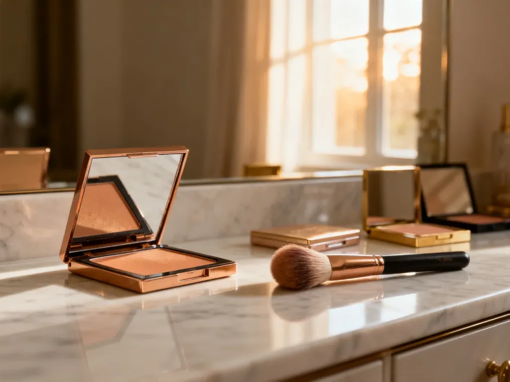 Paleta bronzerów i pędzel do makijażu na marmurowym blacie w promieniach porannego słońca.