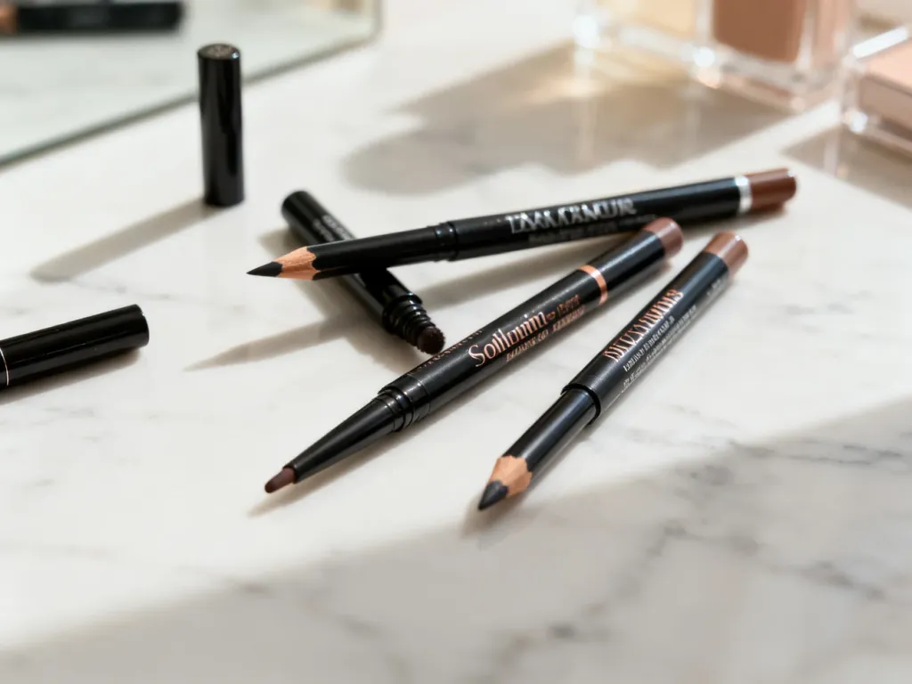 Eleganckie kredki do oczu ułożone na marmurowym blacie, prezentujące wysokiej jakości produkty do makijażu.