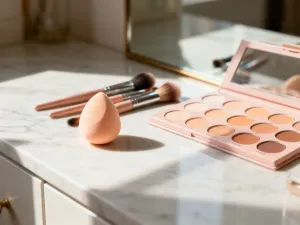 Paleta cieni do powiek, pędzle i tusz do rzęs na profesjonalnym stanowisku do makijażu w ciepłym oświetleniu.