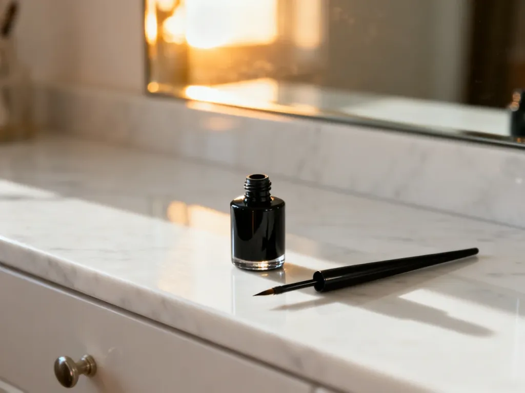 Czarny eyeliner z pędzelkiem na marmurowym blacie, przygotowany do wykonania precyzyjnego makijażu oczu.