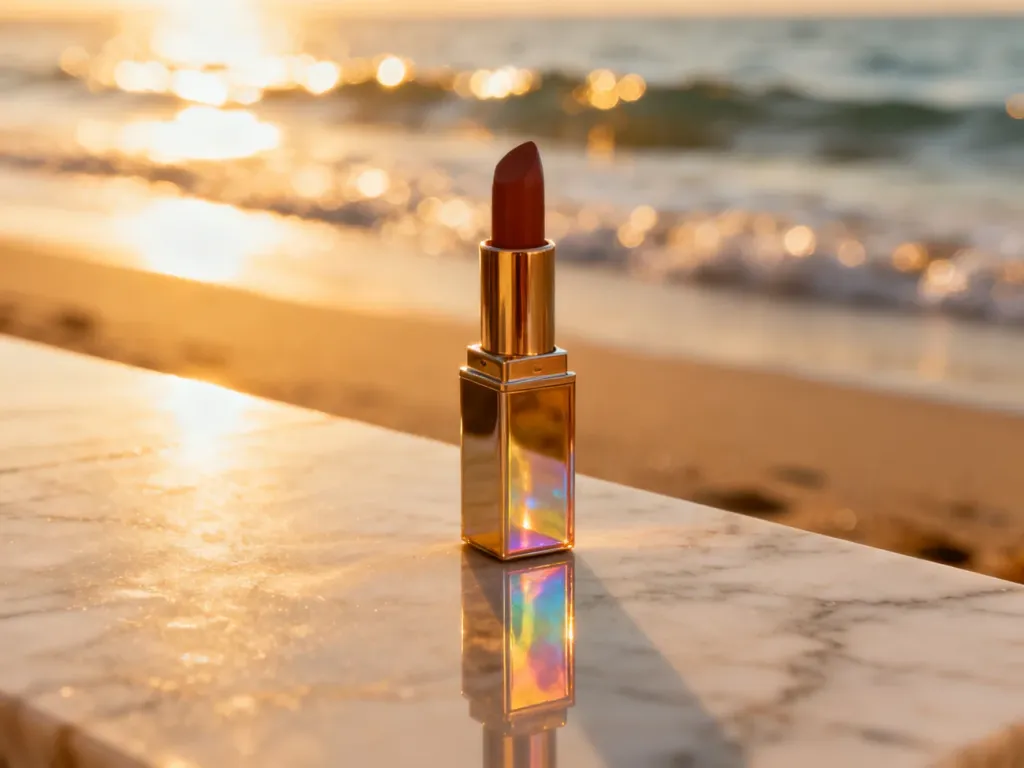 Elegancka pomadka z filtrem UV na marmurowym blacie w promieniach słońca, z plażą w tle.